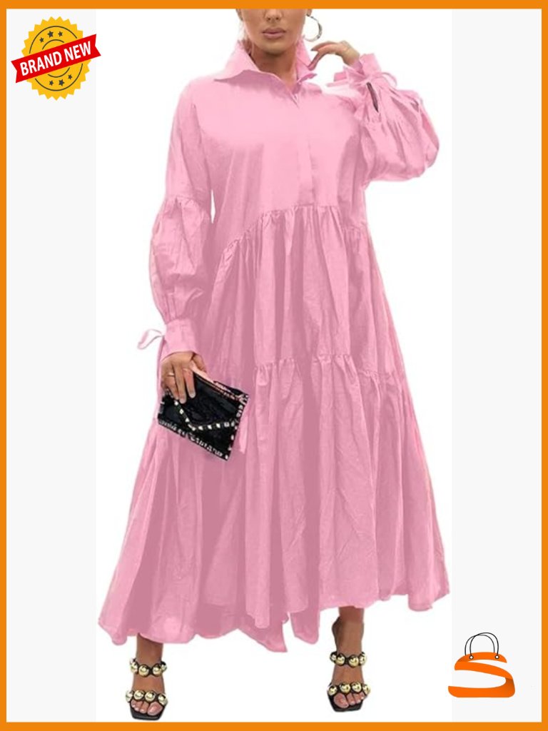 Long Sleeve Maxi Shirt Dress Button Down Swing Pleated Casual Work